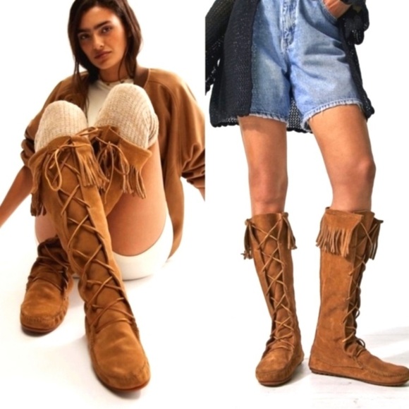 Minnetonka Brown Suede Fringe High Tall Boots - Picture 1 of 6